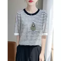 夏竹节麻韩系撞色圆领条纹卡通鸭梨减龄休闲舒适针织短袖女T恤