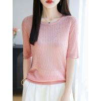 天丝圆领针织短袖女T恤女年夏季新款绞花纯色百搭上衣打底衫