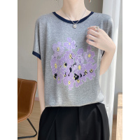 天丝莱赛尔圆领针织衫短袖T恤女25年夏季新款印花撞色打底衫上衣