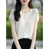 天丝针织短袖开衫女夏新款V领连肩小飞袖莱赛尔T恤外搭宽松上衣