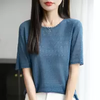 年夏季新款亲肤花边圆领针织衫短袖T恤女镂空套头打底衫上衣