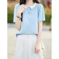 拼色POLO领短袖T恤女2026夏季新款棉线针织衫女纯色撞色半袖上衣