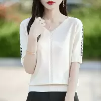 新款夏季女装针织衫v领宽松针织短袖安迪绒款T恤衫外套女上衣