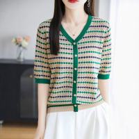 时髦复古风条纹冰丝针织开衫女2026夏季独特别致天丝短袖女上衣