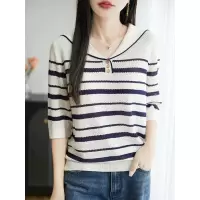 春夏新款冰丝菠萝针领针织衫短袖条纹套头打底衫