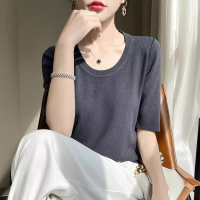 春夏新款安迪绒U领短袖T恤女薄款简约百搭修身针织打底中袖上衣