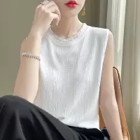 曲珠冰丝针织背心女圆领无袖套头吊带纯色木耳花边打底衫上衣夏装