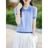 条纹娃娃领短袖女25夏季新款安迪绒针织衫薄款T恤小个子显廋上衣