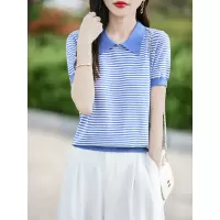 条纹娃娃领短袖女25夏季新款安迪绒针织衫薄款T恤小个子显廋上衣
