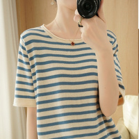 棉线2026夏条纹短袖T恤女宽松圆领背心针织棉麻半袖