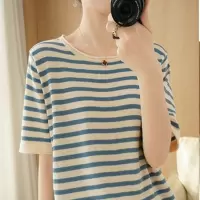 棉线2026夏条纹短袖T恤女宽松圆领背心针织棉麻半袖