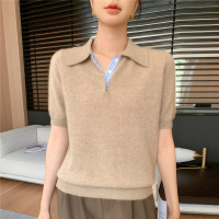秋冬新款百搭间色设计POLO衫舒适安迪绒针织短袖女士套头上衣