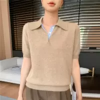 秋冬新款百搭间色设计POLO衫舒适安迪绒针织短袖女士套头上衣