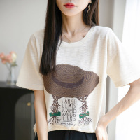 草帽麻花辫竹节麻短袖上衣夏季新款宽松短袖T恤印花
