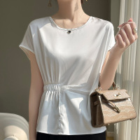 裙摆式小衫收腰洋气套头圆领上衣女夏季宽松缎面韩版配半身裙小衫
