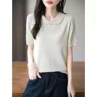 轻奢冰丝娃娃领针织短袖T恤女25夏季新款纯色薄款百搭五分袖上衣