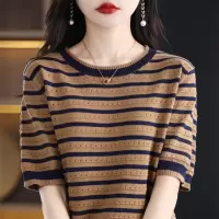 镂空针织衫女薄款短袖T恤夏季新款圆领条纹短款100棉线外穿上衣批