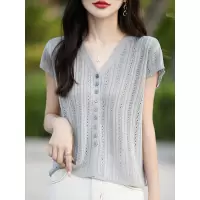 韩版2026夏季新款显瘦镂空坑条针织短袖V领小飞袖系扣小衫女
