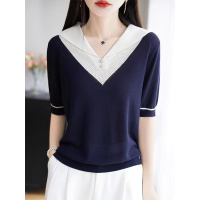 领冰丝撞色假两件帽衫短袖薄款百搭显瘦五分袖打底衫上衣内搭