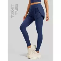 假两件口袋瑜伽裤女弹力高腰提臀跑步健身运动紧身裤