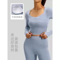 拼接女带胸垫瑜伽服运动上衣健身服透气显瘦跑步健身长袖