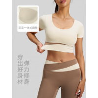拼色瑜伽服女修身显瘦运动瑜伽短袖带胸垫健身服