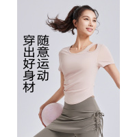 显瘦抽皱瑜伽服女一体杯带胸垫运动健身上衣短袖夏