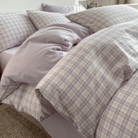 简约格子床上四件套纯棉全棉床品2026新款水洗棉床单被套罩三件套