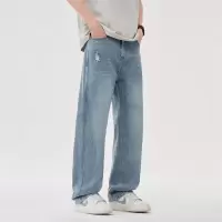 2026春夏美式水洗浅蓝破洞牛仔裤男休闲复古百搭直筒微锥长裤子
