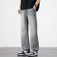 中线压线泥染牛仔裤 男士浅灰阔腿裤 高街潮牌垂感直筒长裤
