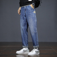 主推款 浅蓝水洗拼接牛仔锥形裤 男式贴标垂感长裤 大码男装