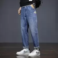 主推款 浅蓝水洗拼接牛仔锥形裤 男式贴标垂感长裤 大码男装