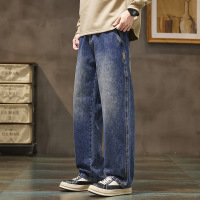 侧标装饰渐变蓝牛仔裤男士 宽松直筒 通勤休闲 复古阔腿拖地长裤
