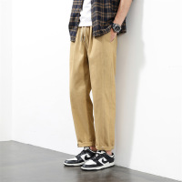 卡其色明线装饰休闲裤男抽绳直筒裤肌理感面料 春夏透气 通勤长