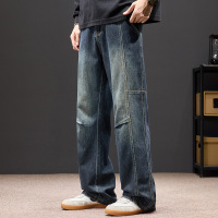 垂坠感阔腿工装牛仔裤男 做旧蓝黑水洗 侧袋明线 美式复古直筒裤