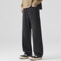 垂坠感阔腿牛仔裤男 黑灰渐变做旧 宽松直筒 美式复古风牛仔长裤