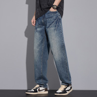 基础款斜纹牛仔裤男 复古水洗猫须裤 宽松阔腿直筒休闲长裤