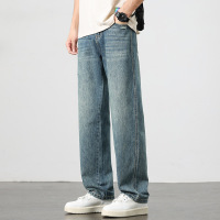 基础款直筒牛仔裤男 浅蓝轻磨破裤 水洗猫须百搭潮流男士休闲长裤