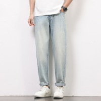 复古做旧浅蓝牛仔裤 男士中线压线裤 宽松哈伦裤卷边休闲长裤男生