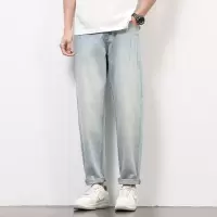 复古做旧浅蓝牛仔裤 男士中线压线裤 宽松哈伦裤卷边休闲长裤男生