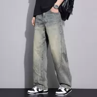 复古水洗老爹裤 男士泥宽松阔腿牛仔裤 春秋潮牌工装风长裤
