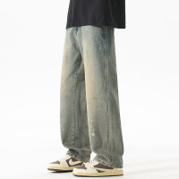 复古蓝做旧泼墨牛仔裤男宽松阔腿直筒裤高街潮牌水洗牛仔长裤男生