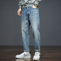 复古蓝宽松阔腿牛仔裤 男款水洗做旧裤 潮流卷边百搭休闲长裤