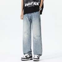 复古蓝泼墨涂鸦牛仔裤 男款宽松直筒裤 街头破洞潮流休闲长裤