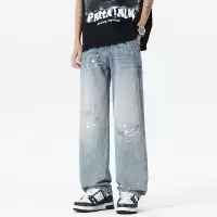 复古蓝泼墨涂鸦牛仔裤 男款宽松直筒裤 街头破洞潮流休闲长裤