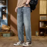 复古蓝膝部拼接牛仔裤 男士牛仔锥形裤 宽松水洗工装风休闲长裤子