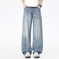 大码渐变水洗牛仔裤 男士春秋抽绳装饰 复古做旧宽松阔腿拖地裤