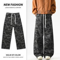 大口袋迷彩工装裤男系绳宽松直筒拖地裤子青年显高学生休闲裤