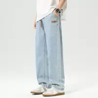 工厂浅蓝抽绳男裤 宽松阔腿直筒牛仔裤 春秋复古百搭长裤