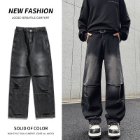 性价比春季款宽松直筒港风牛仔裤男基础款百搭多色松紧水洗拖地裤